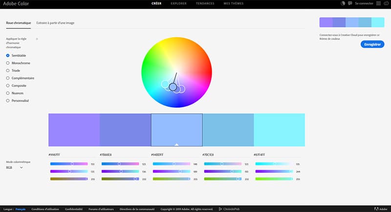Interface de l'outil "Adobe Color Wheel"